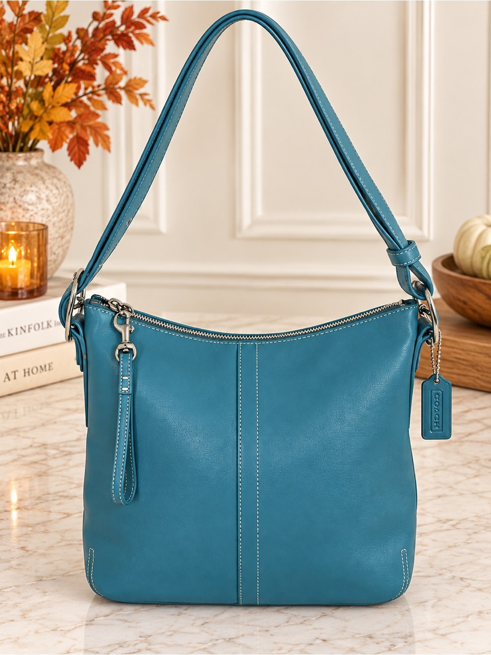 Vintage Y2K Coach 9326 Legacy Slim Duffle Teal Blue Leather Hobo Bag
